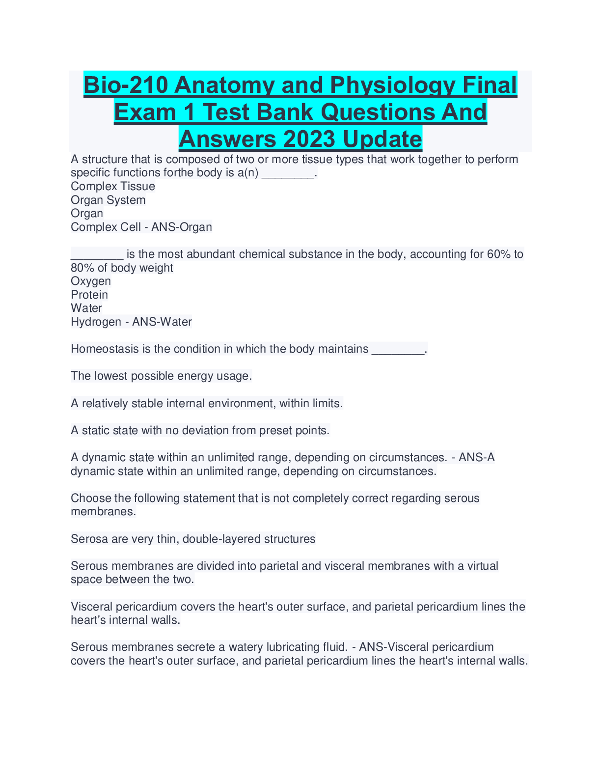 Preview image for Bio-210 Anatomy and Physiology Final  Exam 1 Test Bank Questions And  Answers 2023 Update